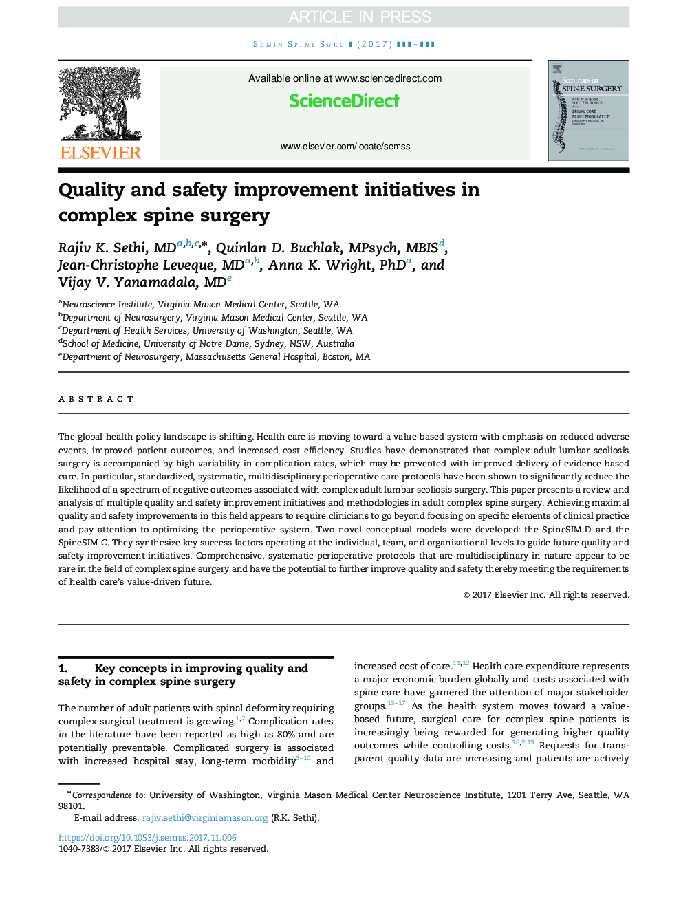 Quality and safety improvement initiatives in complex spine surgery