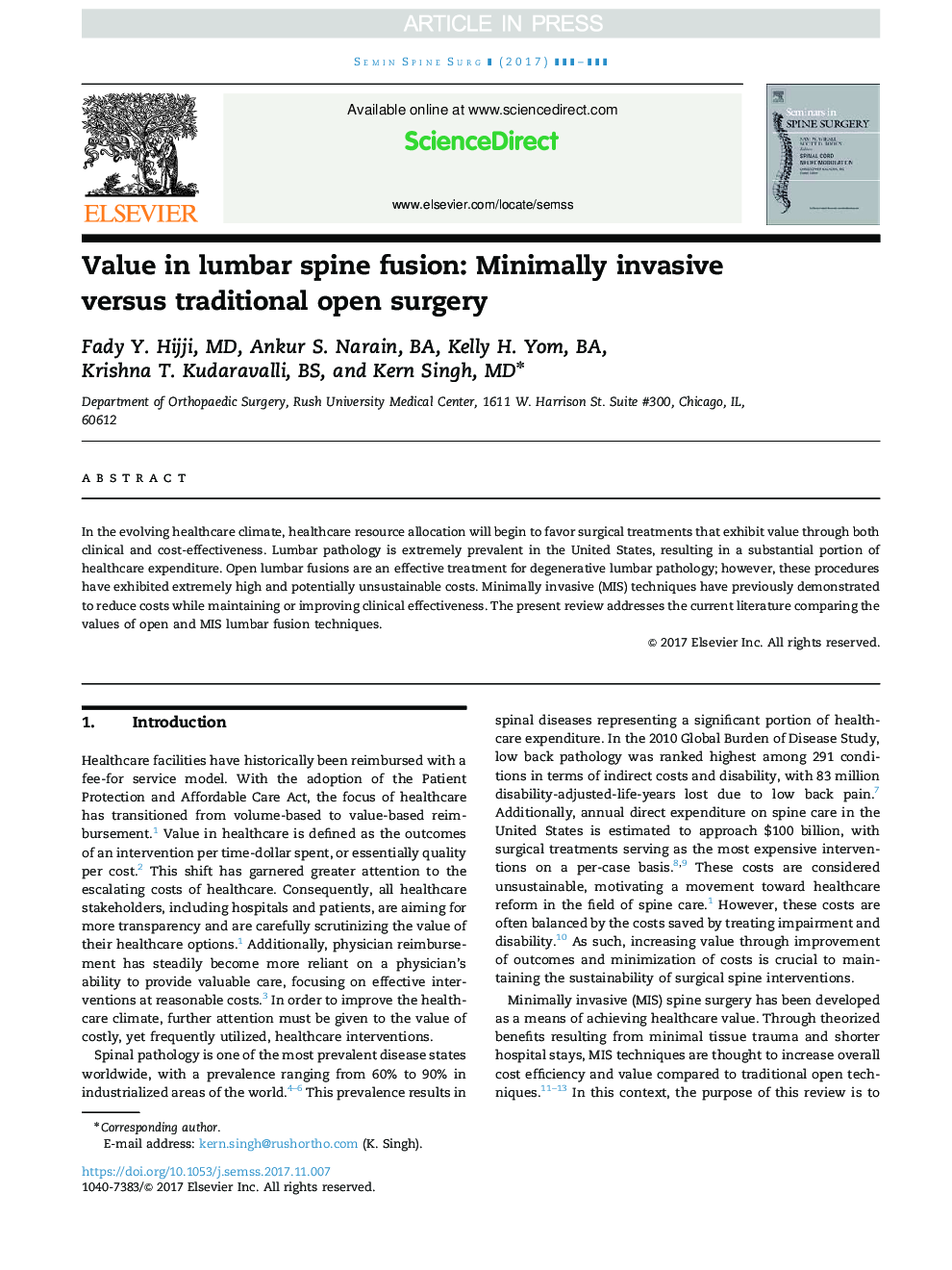 Value in lumbar spine fusion: Minimally invasive versus traditional open surgery