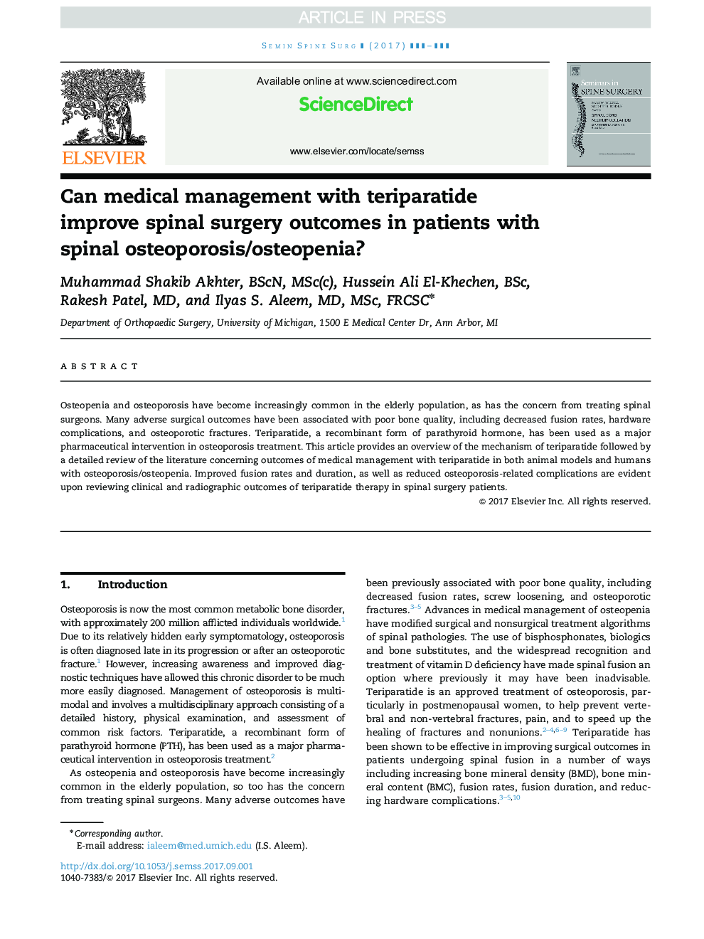 Can medical management with teriparatide improve spinal surgery outcomes in patients with spinal osteoporosis/osteopenia?