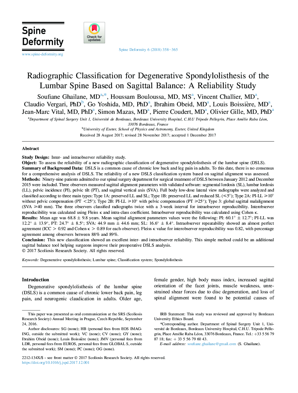 Radiographic Classification for Degenerative Spondylolisthesis of the Lumbar Spine Based on Sagittal Balance: A Reliability Study