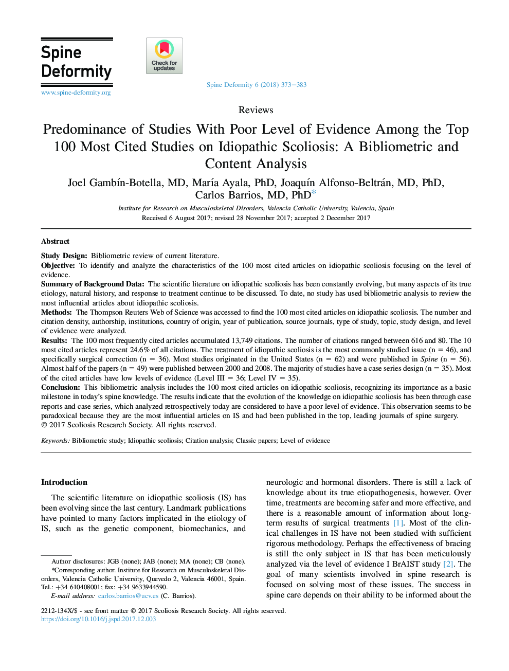 Predominance of Studies With Poor Level of Evidence Among the Top 100 Most Cited Studies on Idiopathic Scoliosis: A Bibliometric and Content Analysis