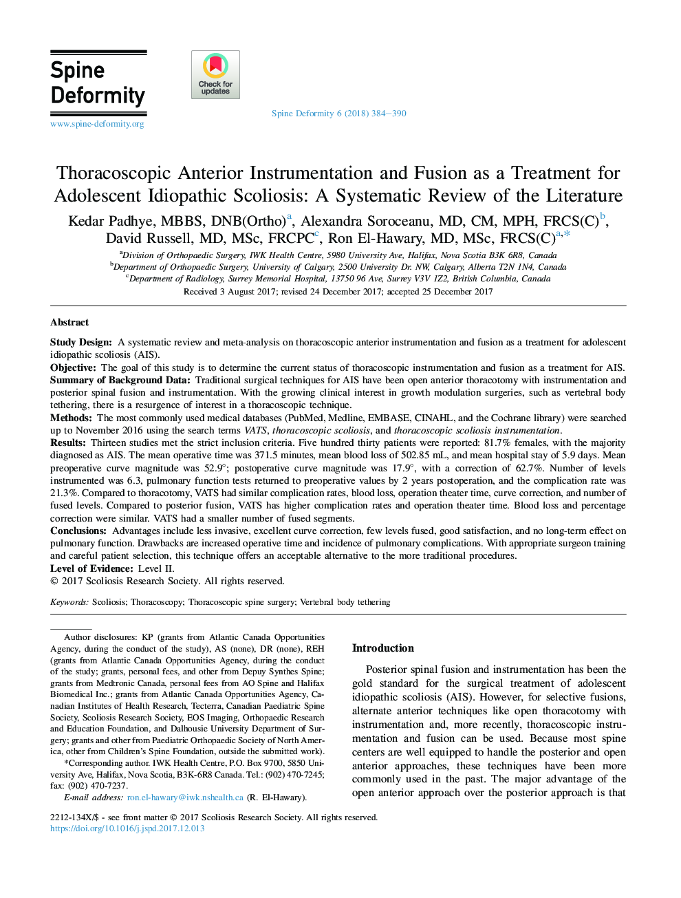 ابزار دقیق توراکوسکوپی قدامی و فیوژن به عنوان درمان برای اسکولیوز ایدیوپاتال نوجوانان: یک بررسی سیستماتیک از ادبیات 