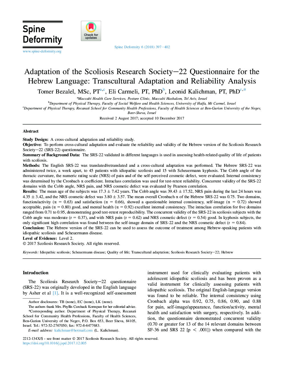 Adaptation of the Scoliosis Research Society-22 Questionnaire for the Hebrew Language: Transcultural Adaptation and Reliability Analysis