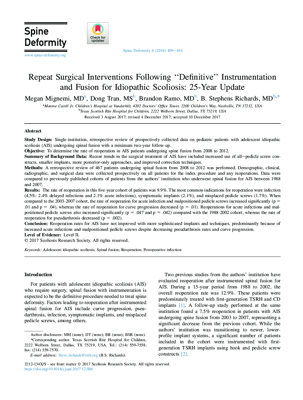 Repeat Surgical Interventions Following “Definitive” Instrumentation and Fusion for Idiopathic Scoliosis: 25-Year Update*