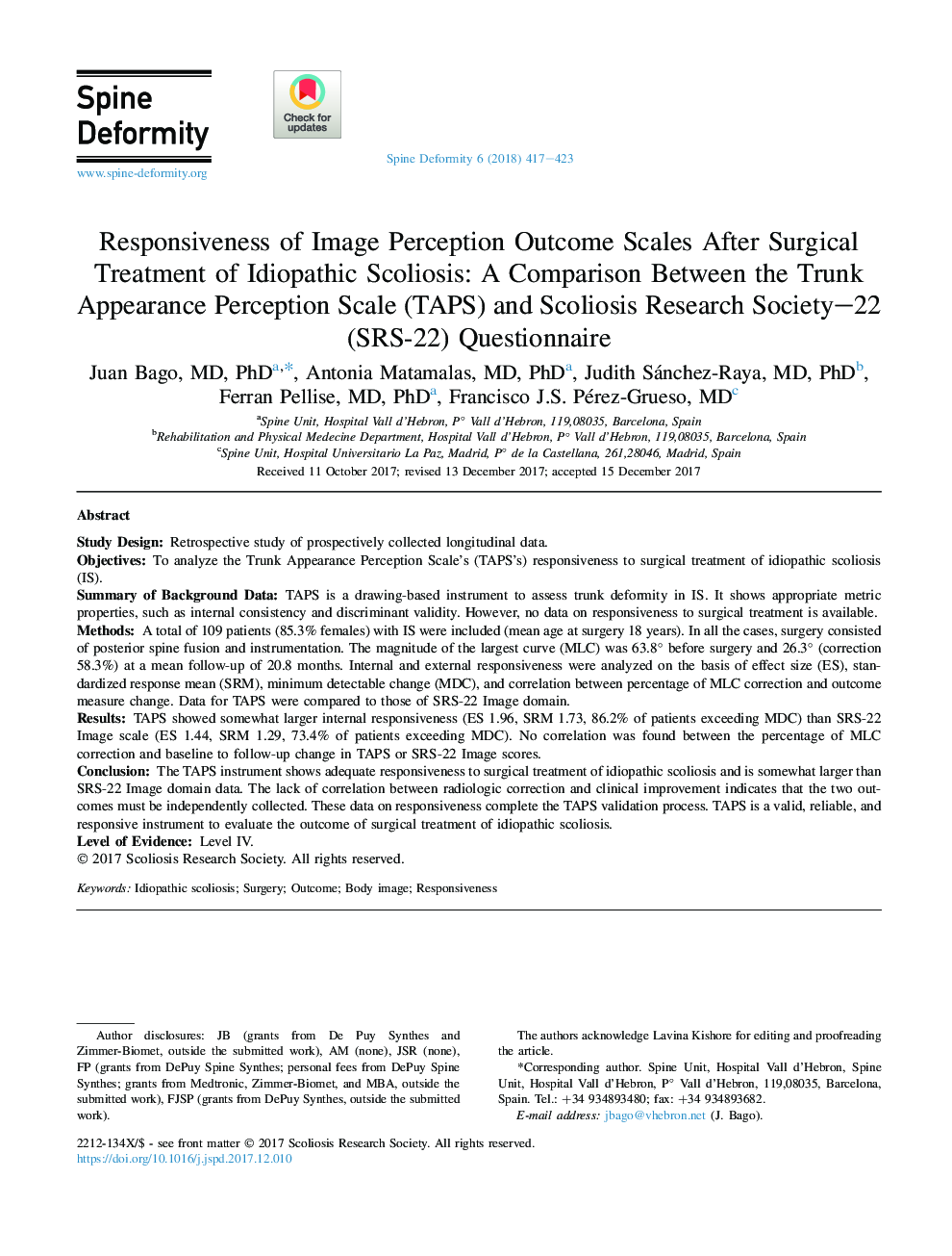 Responsiveness of Image Perception Outcome Scales After Surgical Treatment of Idiopathic Scoliosis: A Comparison Between the Trunk Appearance Perception Scale (TAPS) and Scoliosis Research Society-22 (SRS-22) Questionnaire