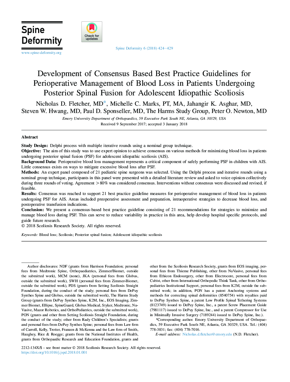 Development of Consensus Based Best Practice Guidelines for Perioperative Management of Blood Loss in Patients Undergoing Posterior Spinal Fusion for Adolescent Idiopathic Scoliosis*