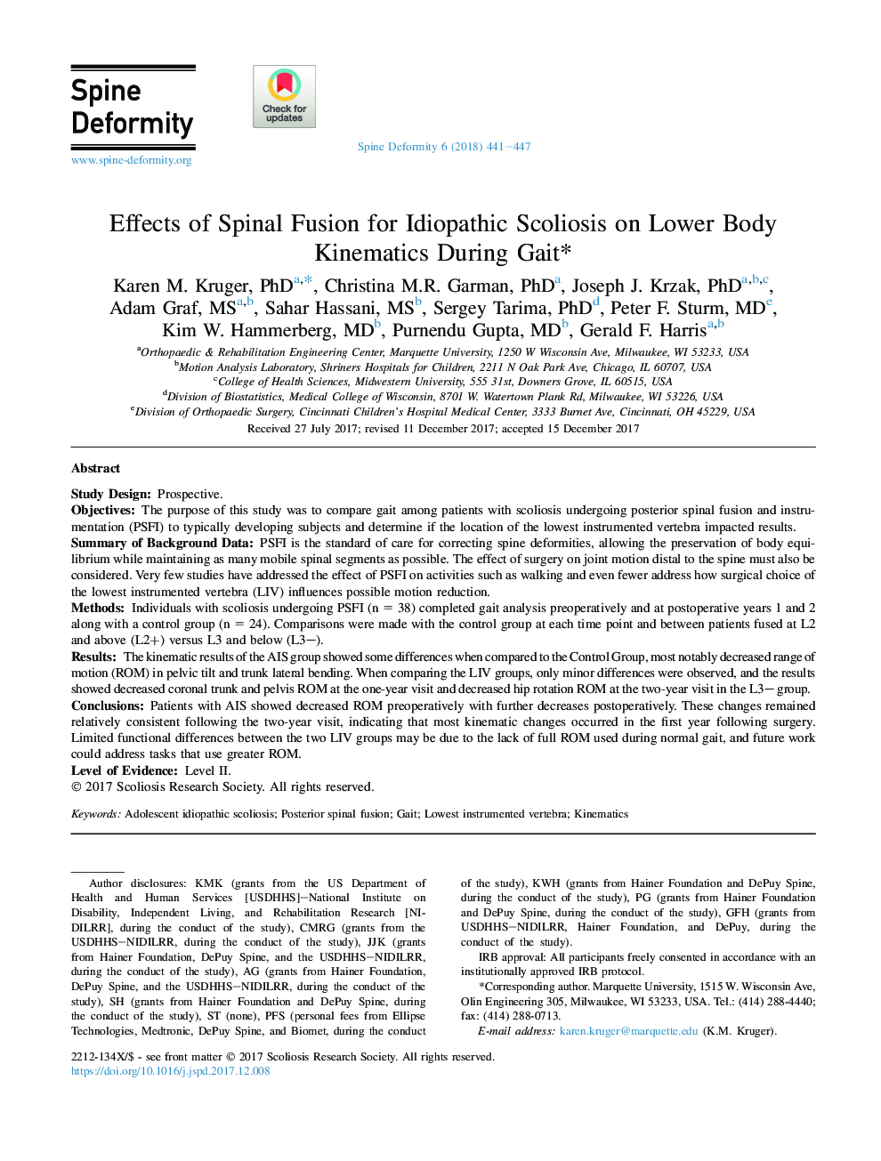 Effects of Spinal Fusion for Idiopathic Scoliosis on Lower Body Kinematics During Gait*