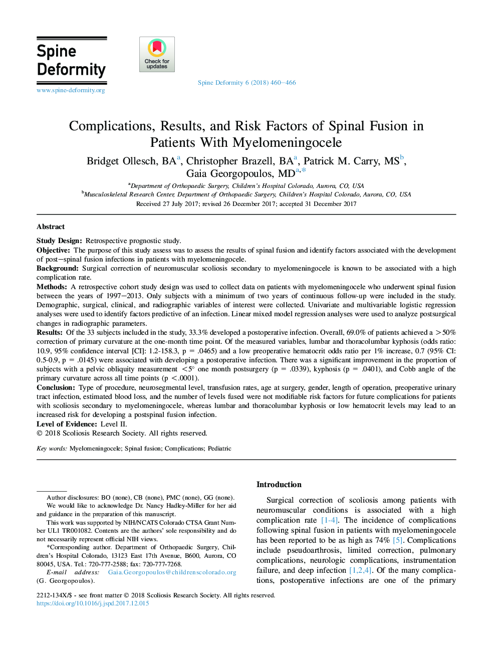 Complications, Results, and Risk Factors of Spinal Fusion in Patients With Myelomeningocele