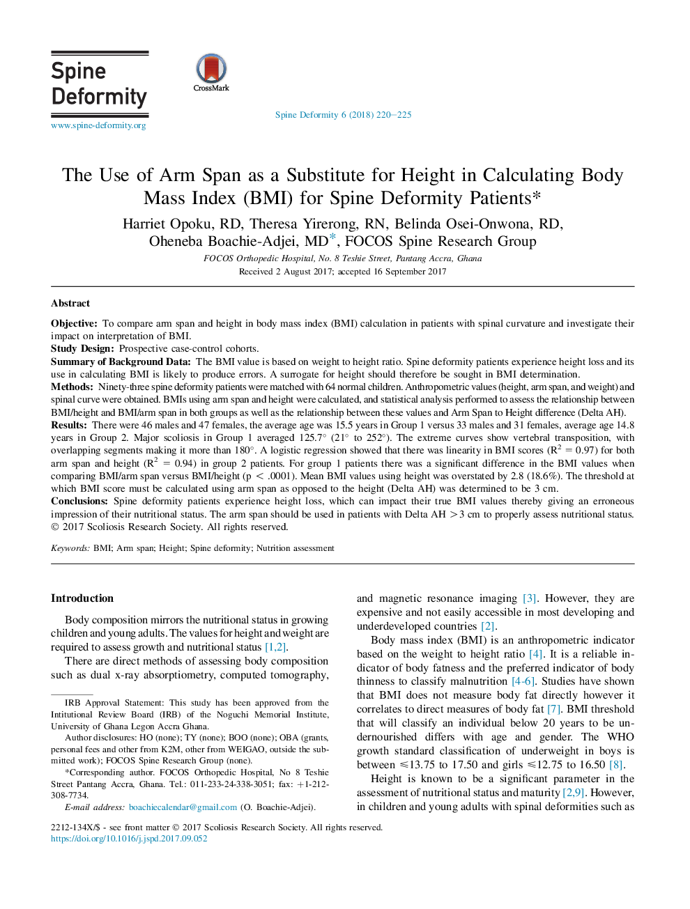 The Use of Arm Span as a Substitute for Height in Calculating Body Mass Index (BMI) for Spine Deformity Patients*