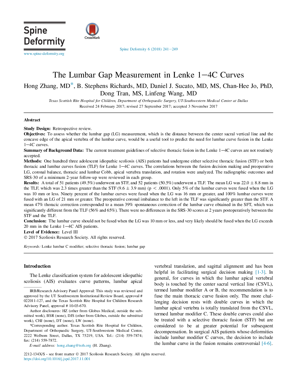 The Lumbar Gap Measurement in Lenke 1-4C Curves