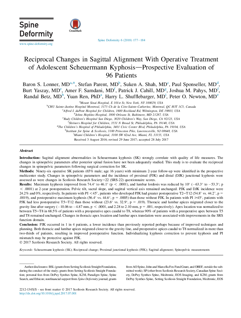 Reciprocal Changes in Sagittal Alignment With Operative Treatment of Adolescent Scheuermann Kyphosis-Prospective Evaluation of 96 Patients