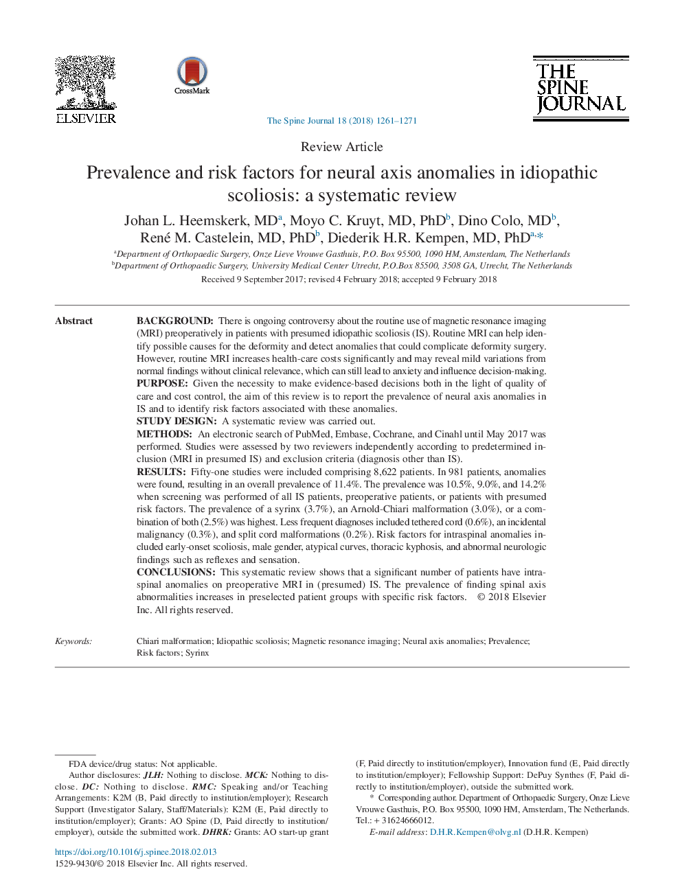 Prevalence and risk factors for neural axis anomalies in idiopathic scoliosis: a systematic review