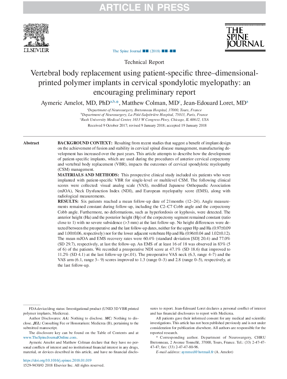 Vertebral body replacement using patient-specific three-dimensional-printed polymer implants in cervical spondylotic myelopathy: an encouraging preliminary report