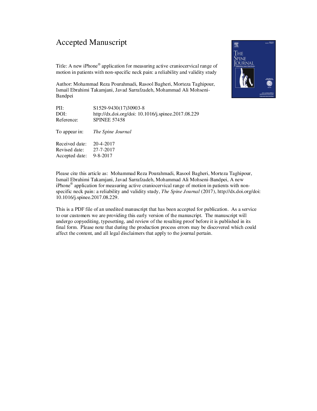 A new iPhone application for measuring active craniocervical range of motion in patients with non-specific neck pain: a reliability and validity study