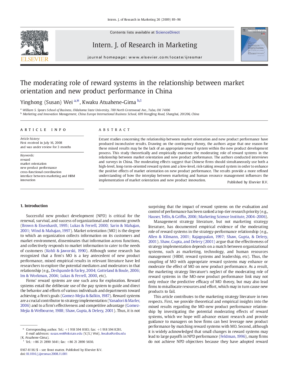 The moderating role of reward systems in the relationship between market orientation and new product performance in China