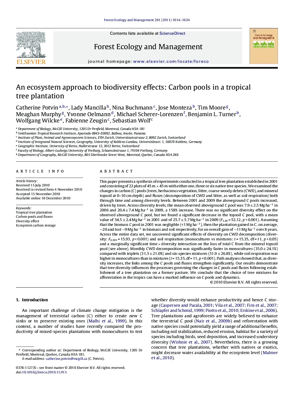 An ecosystem approach to biodiversity effects: Carbon pools in a tropical tree plantation