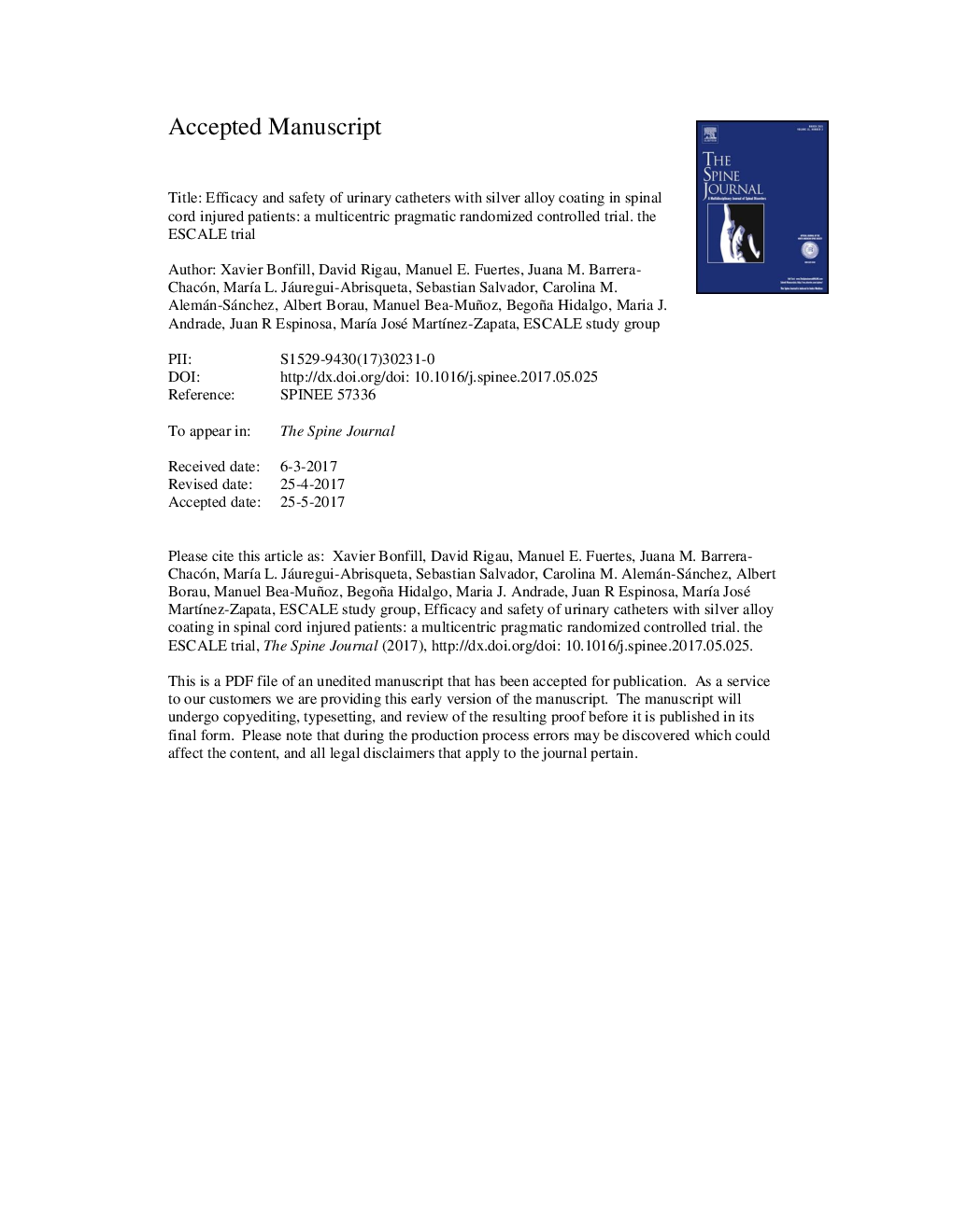 Efficacy and safety of urinary catheters with silver alloy coating in patients with spinal cord injury: a multicentric pragmatic randomized controlled trial. The ESCALE trial