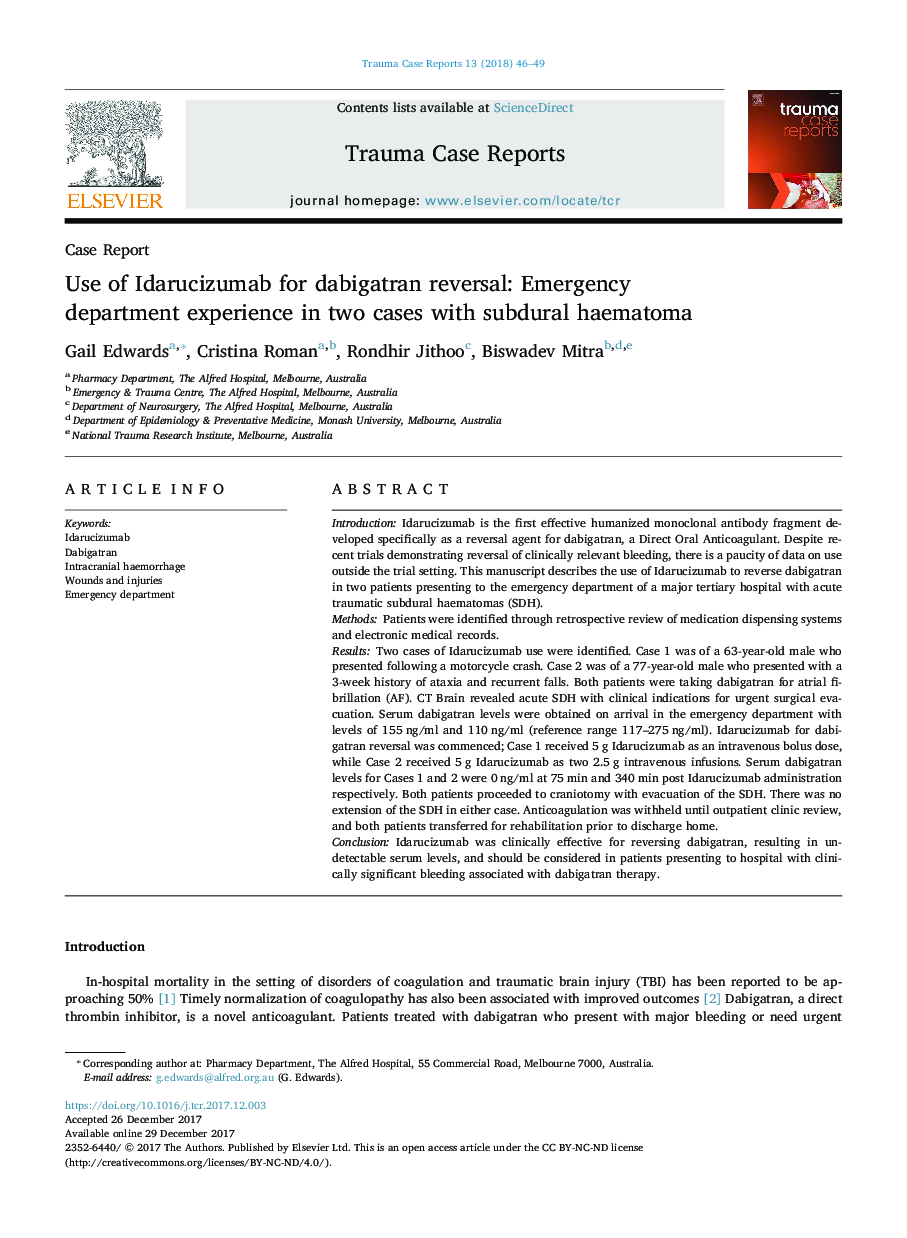 Use of Idarucizumab for dabigatran reversal: Emergency department experience in two cases with subdural haematoma