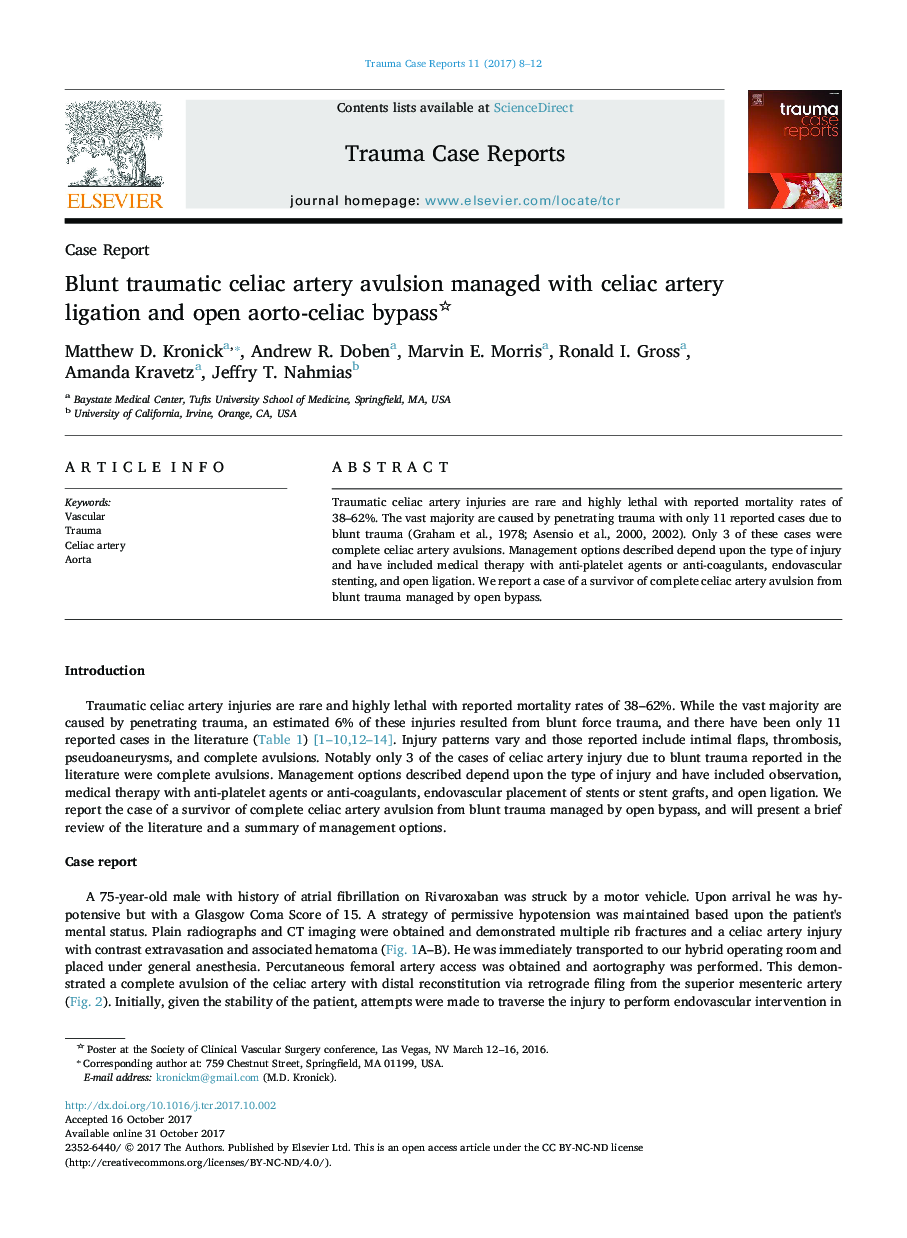 Blunt traumatic celiac artery avulsion managed with celiac artery ligation and open aorto-celiac bypass