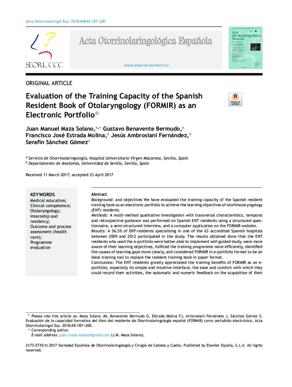 Evaluation of the Training Capacity of the Spanish Resident Book of Otolaryngology (FORMIR) as an Electronic Portfolio