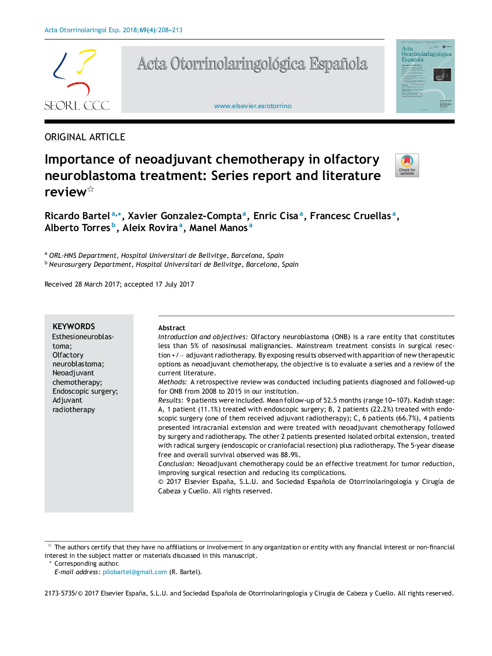 Importance of neoadjuvant chemotherapy in olfactory neuroblastoma treatment: Series report and literature review