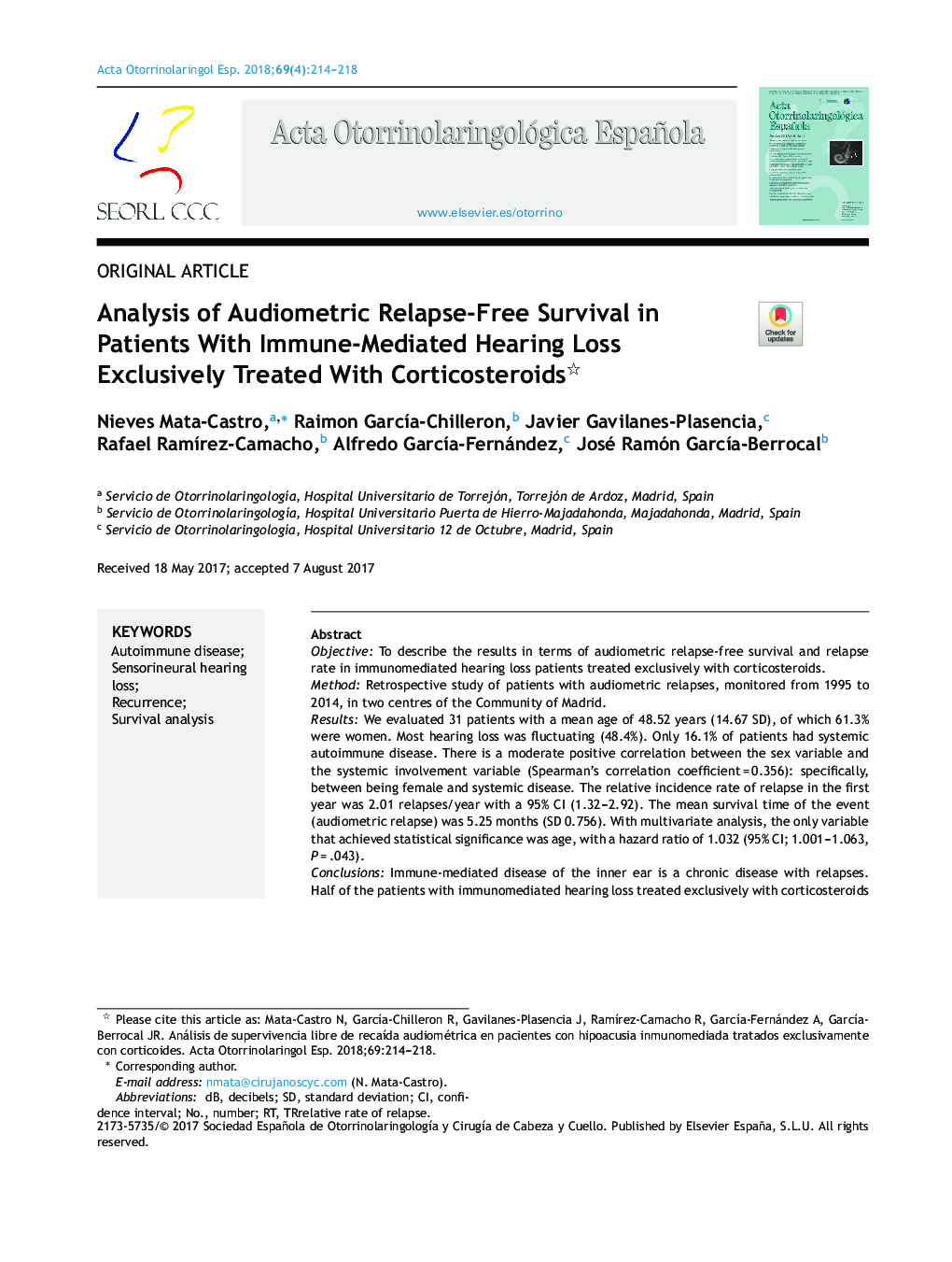 Analysis of Audiometric Relapse-Free Survival in Patients With Immune-Mediated Hearing Loss Exclusively Treated With Corticosteroids