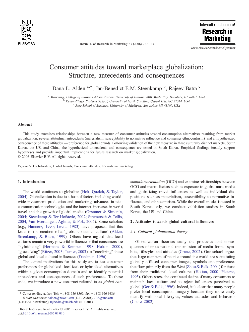 Consumer attitudes toward marketplace globalization: Structure, antecedents and consequences