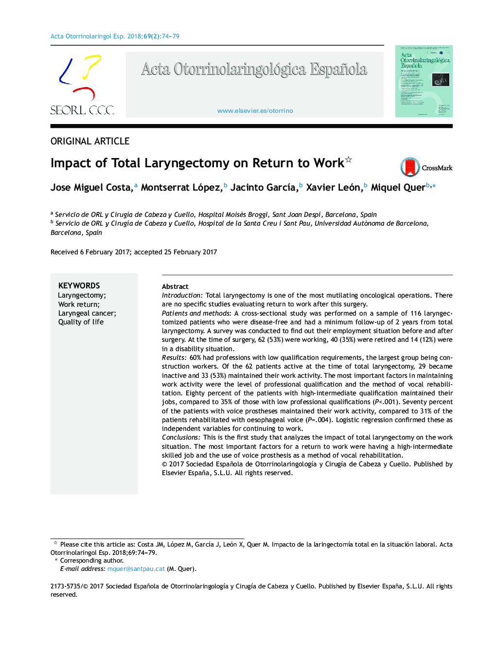 Impact of Total Laryngectomy on Return to Work