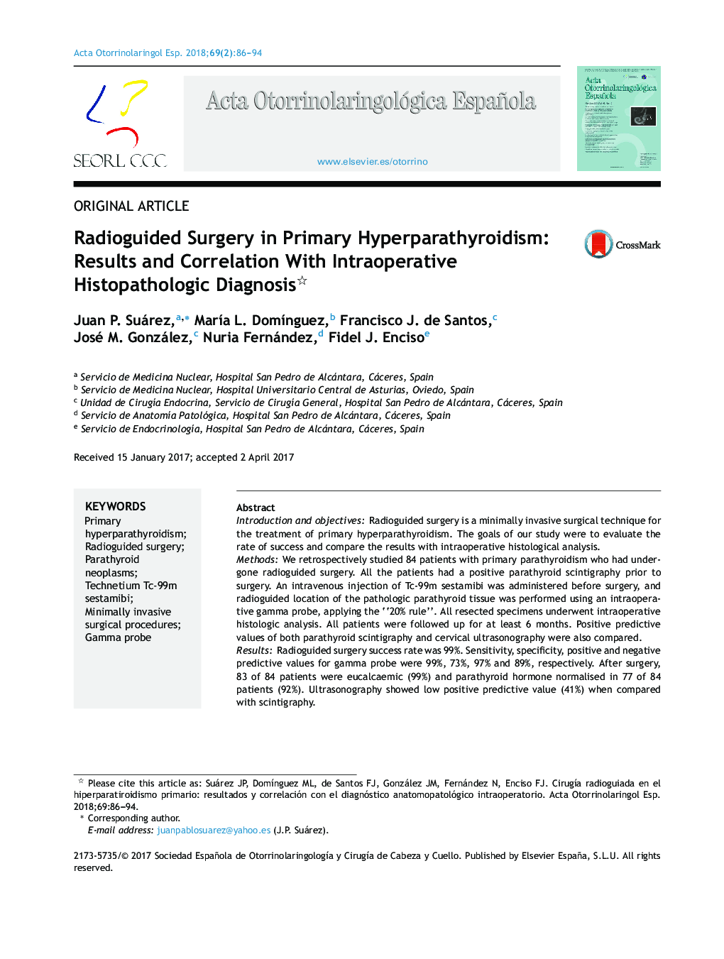 Radioguided Surgery in Primary Hyperparathyroidism: Results and Correlation With Intraoperative Histopathologic Diagnosis