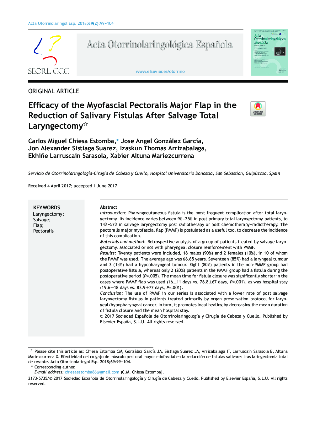 Efficacy of the Myofascial Pectoralis Major Flap in the Reduction of Salivary Fistulas After Salvage Total Laryngectomy