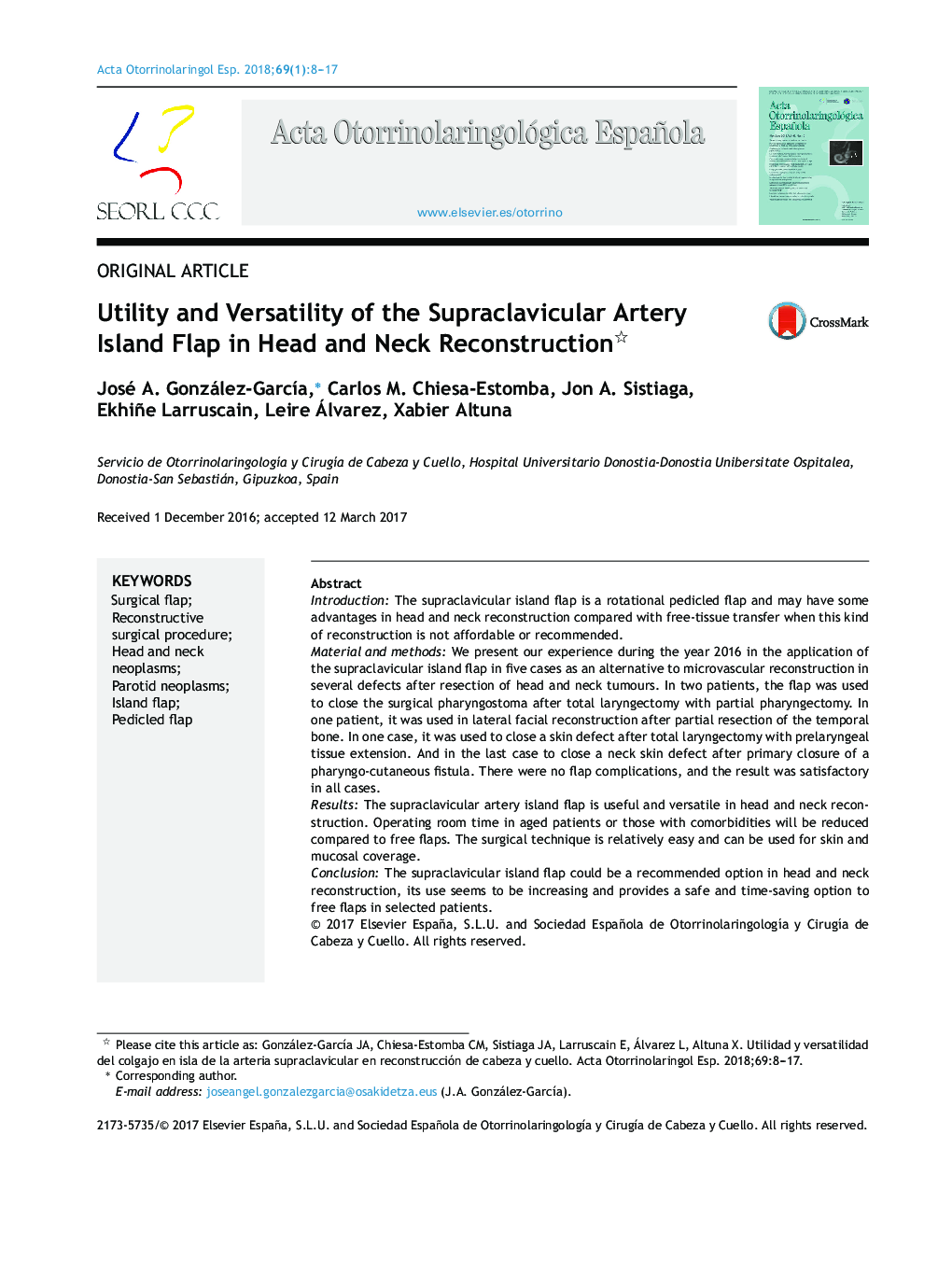 Utility and Versatility of the Supraclavicular Artery Island Flap in Head and Neck Reconstruction