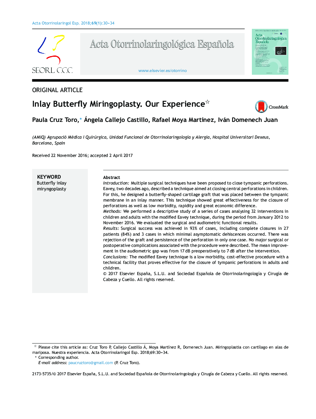 Inlay Butterfly Miringoplasty. Our Experience