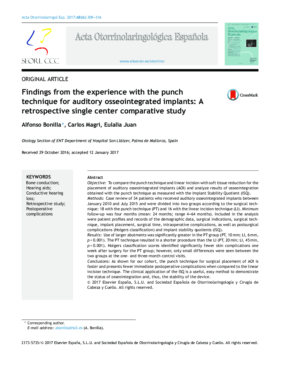 Findings from the experience with the punch technique for auditory osseointegrated implants: A retrospective single center comparative study
