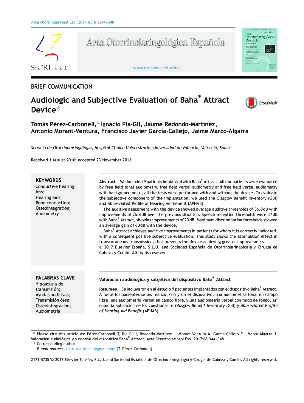 Audiologic and Subjective Evaluation of Baha® Attract Device