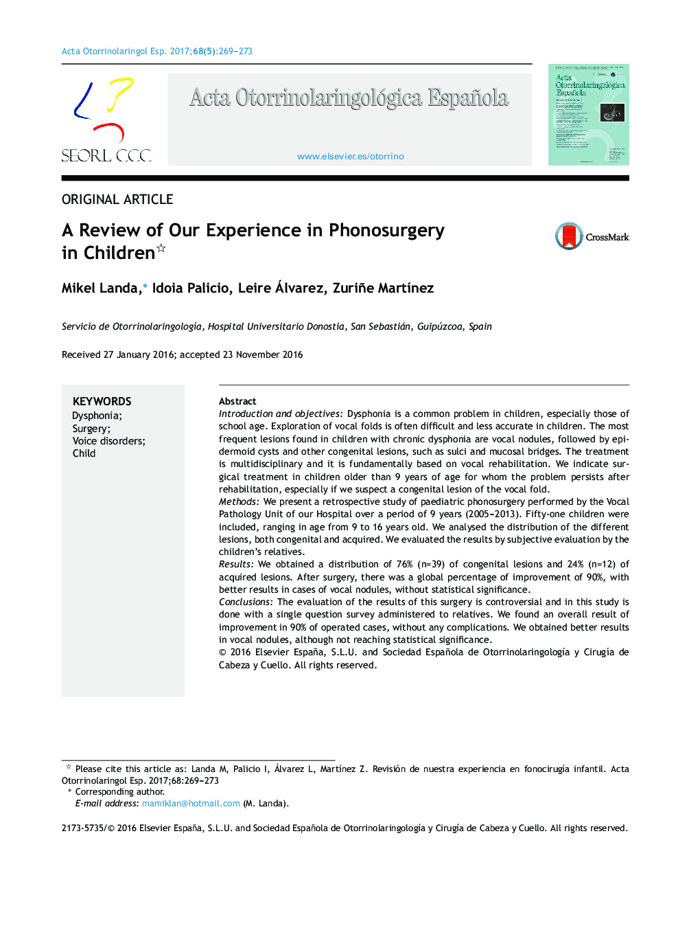 A Review of Our Experience in Phonosurgery in Children