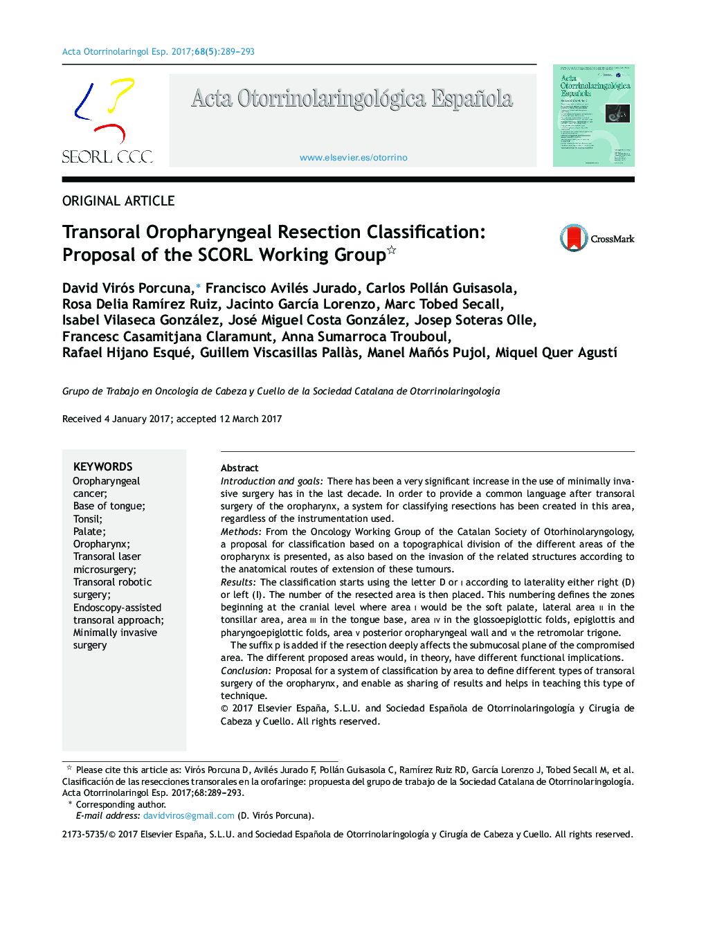 Transoral Oropharyngeal Resection Classification: Proposal of the SCORL Working Group