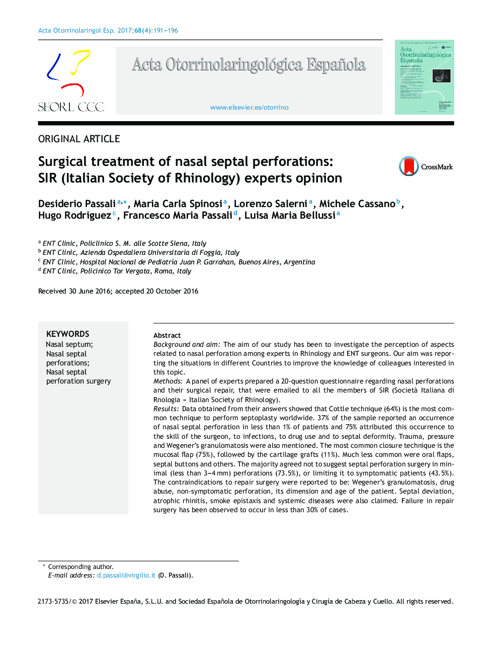 Surgical treatment of nasal septal perforations: SIR (Italian Society of Rhinology) experts opinion