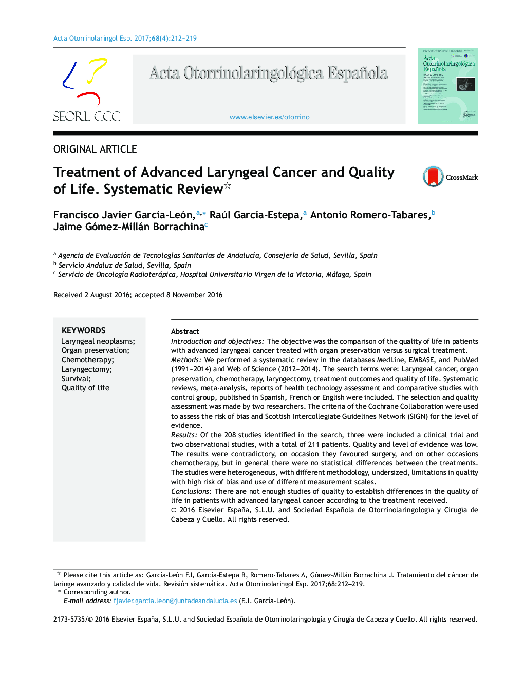 Treatment of Advanced Laryngeal Cancer and Quality of Life. Systematic Review