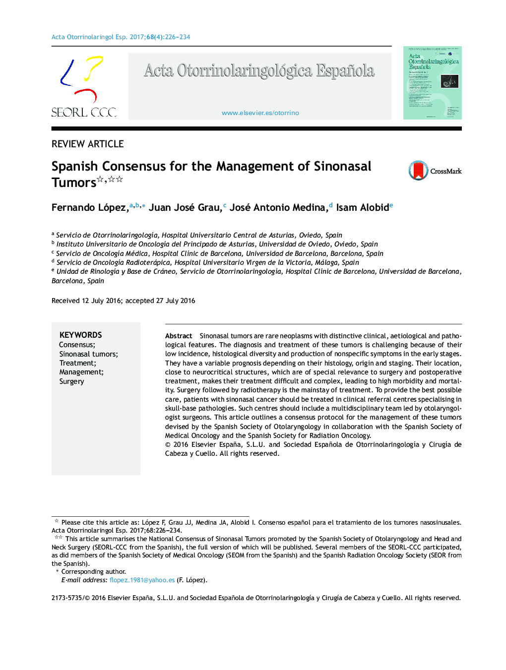 Spanish Consensus for the Management of Sinonasal Tumors