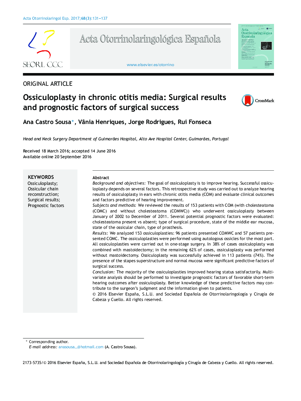 Ossiculoplasty in chronic otitis media: Surgical results and prognostic factors of surgical success