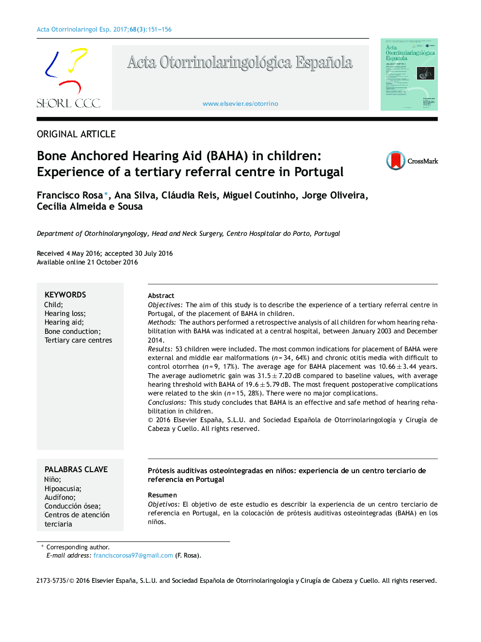 Bone Anchored Hearing Aid (BAHA) in children: Experience of a tertiary referral centre in Portugal