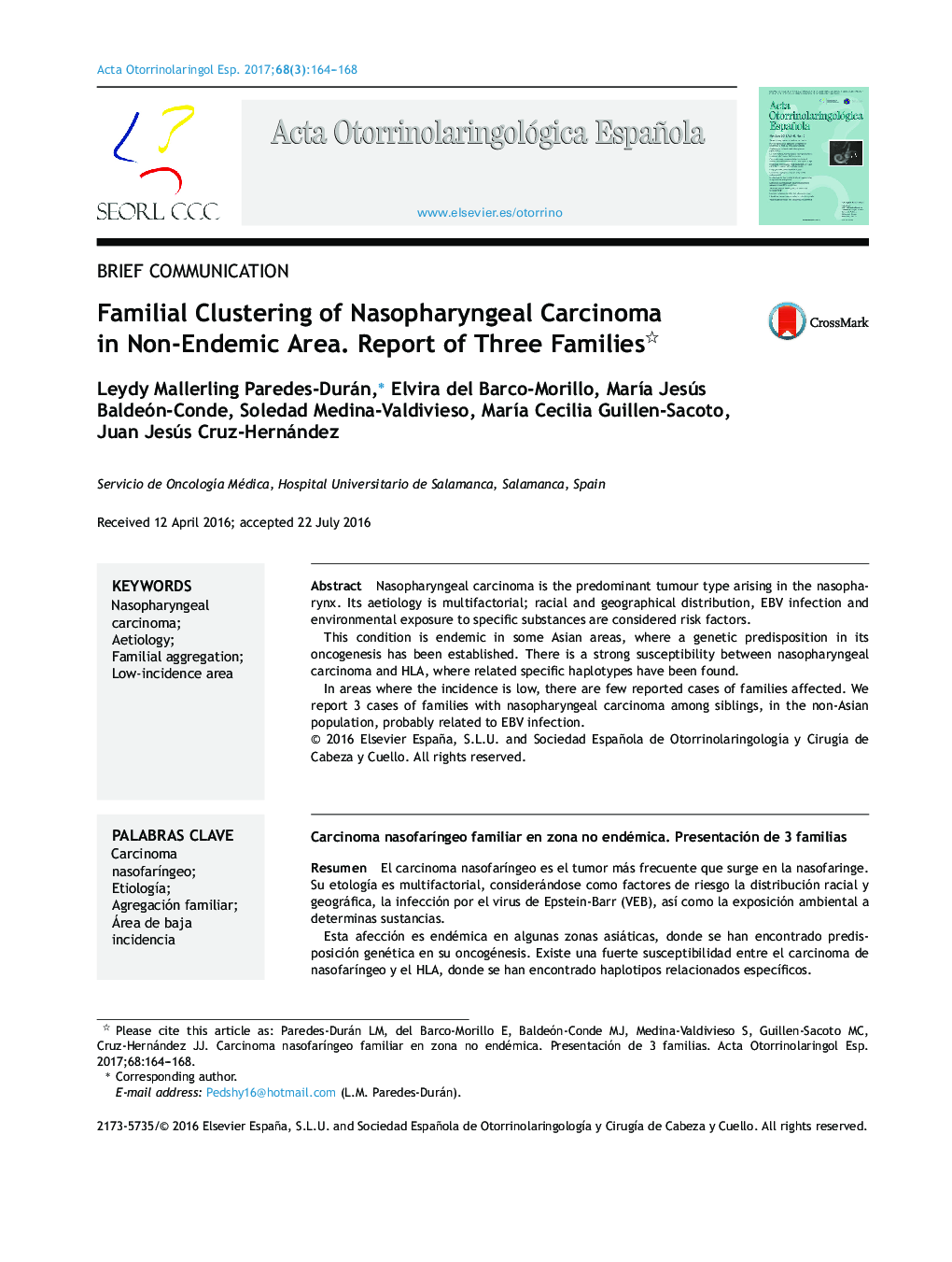 Familial Clustering of Nasopharyngeal Carcinoma in Non-Endemic Area. Report of Three Families