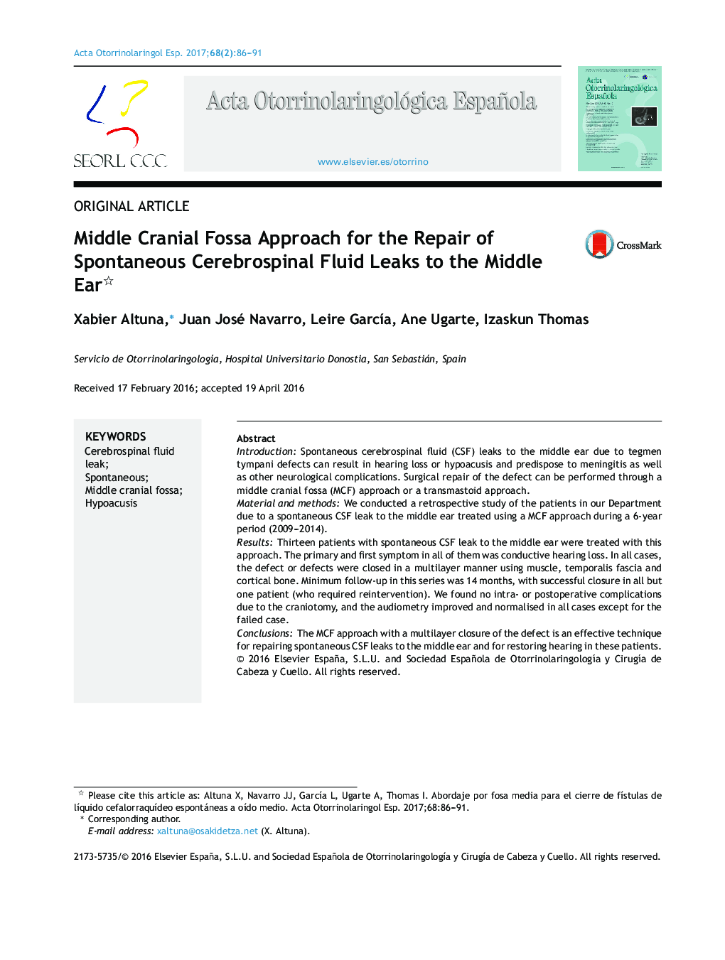 Middle Cranial Fossa Approach for the Repair of Spontaneous Cerebrospinal Fluid Leaks to the Middle Ear