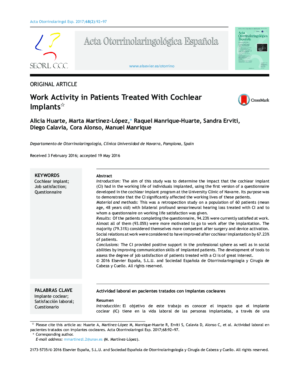 Work Activity in Patients Treated With Cochlear Implants