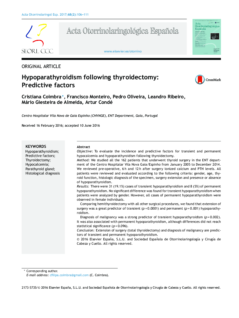 Hypoparathyroidism following thyroidectomy: Predictive factors