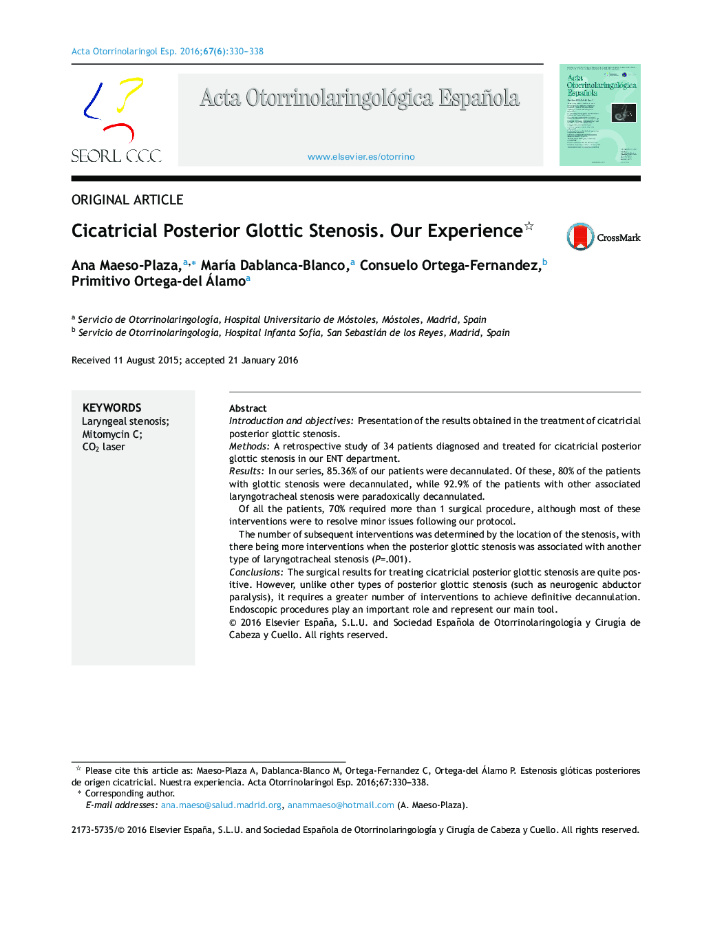 Cicatricial Posterior Glottic Stenosis. Our Experience