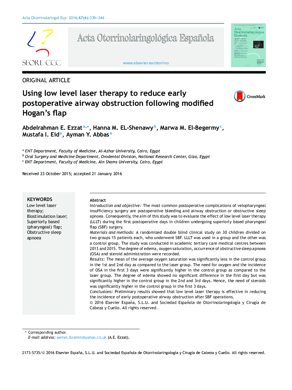 Using low level laser therapy to reduce early postoperative airway obstruction following modified Hogan's flap