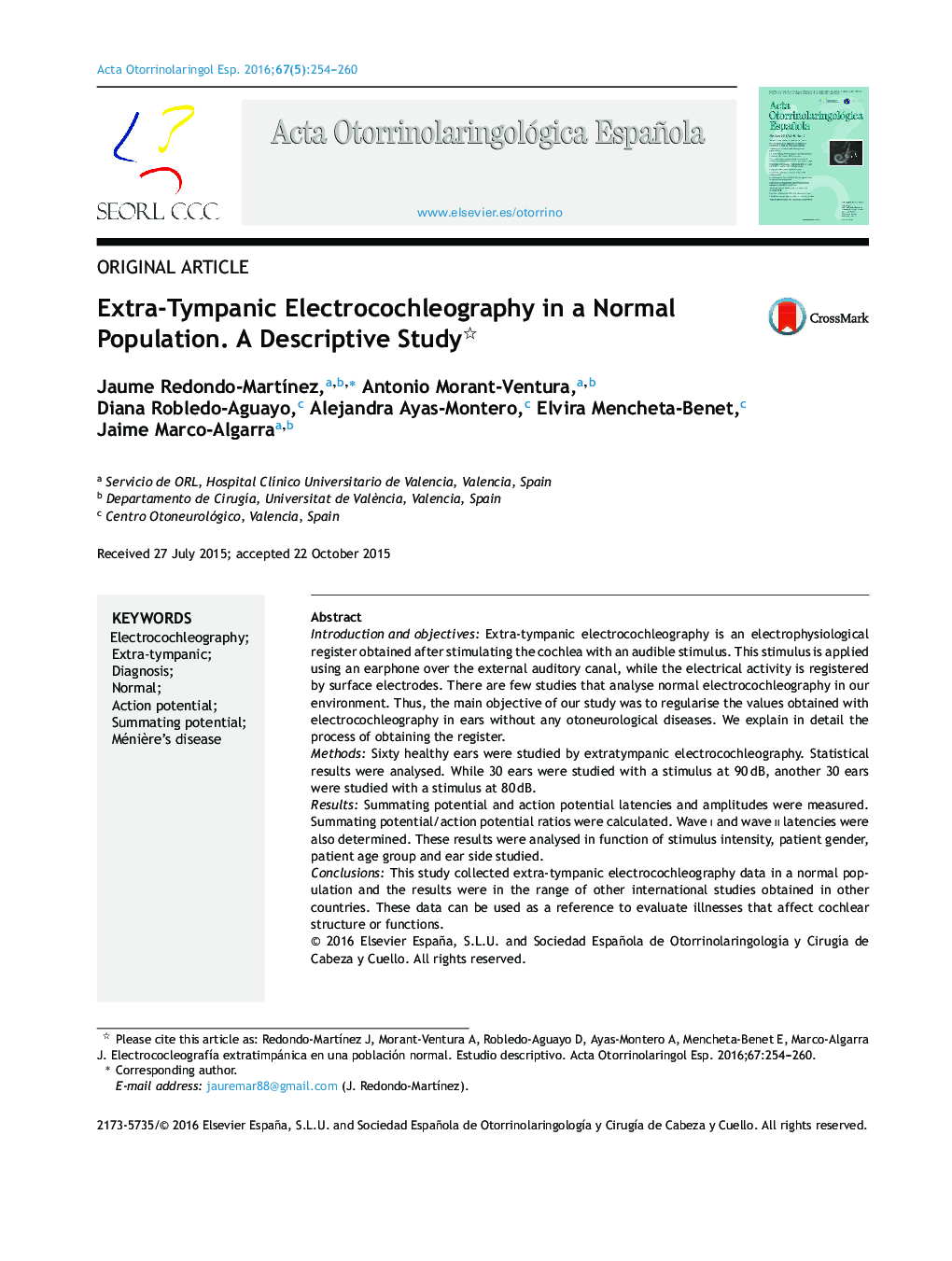 Extra-Tympanic Electrocochleography in a Normal Population. A Descriptive Study