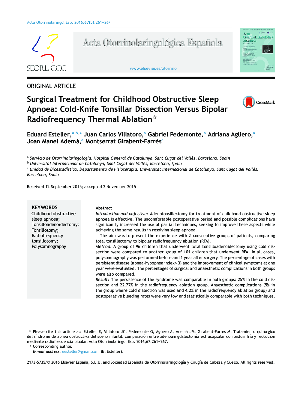 Surgical Treatment for Childhood Obstructive Sleep Apnoea: Cold-Knife Tonsillar Dissection Versus Bipolar Radiofrequency Thermal Ablation