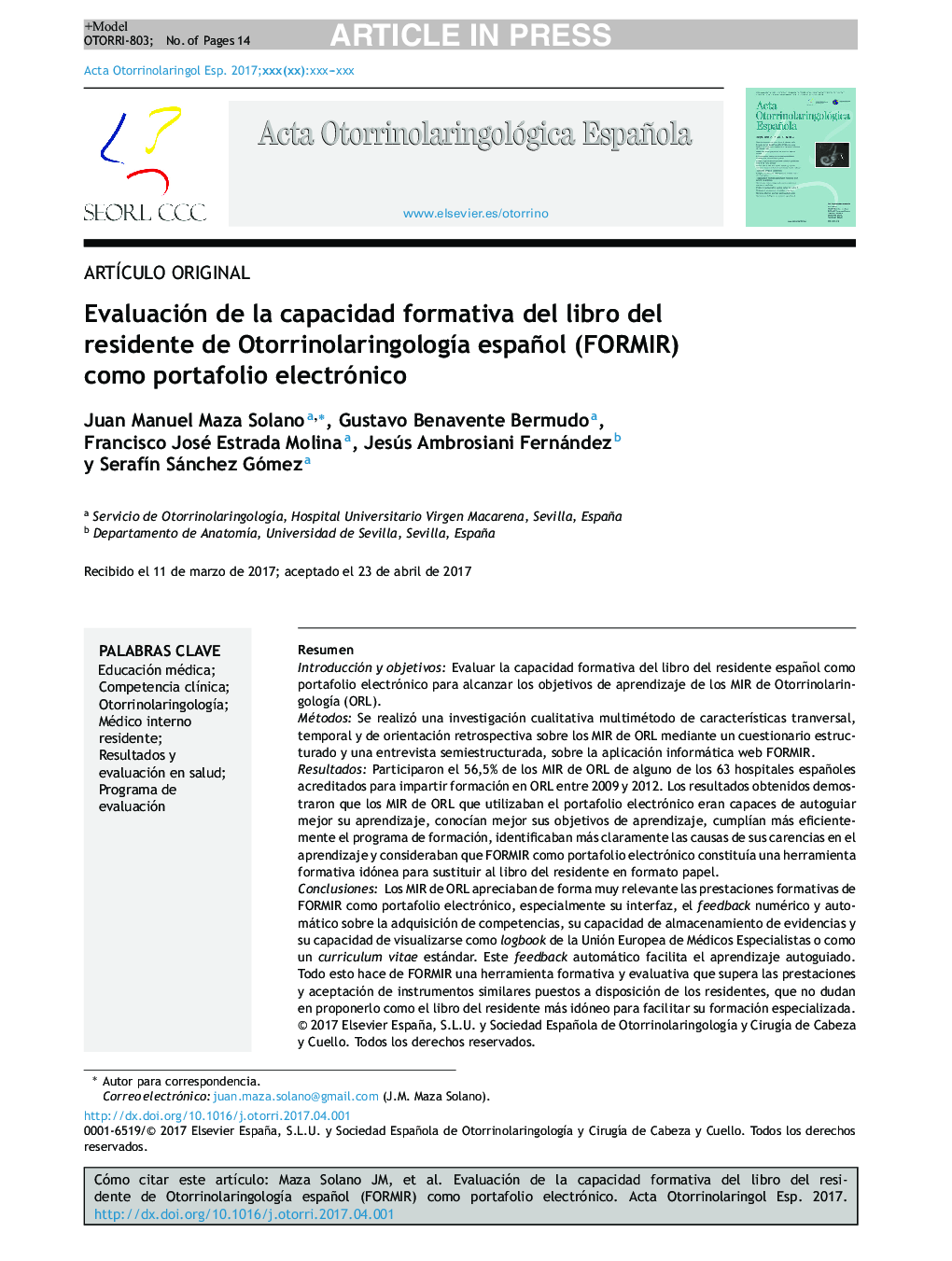 Evaluación de la capacidad formativa del libro del residente de OtorrinolaringologÃ­a español (FORMIR) como portafolio electrónico